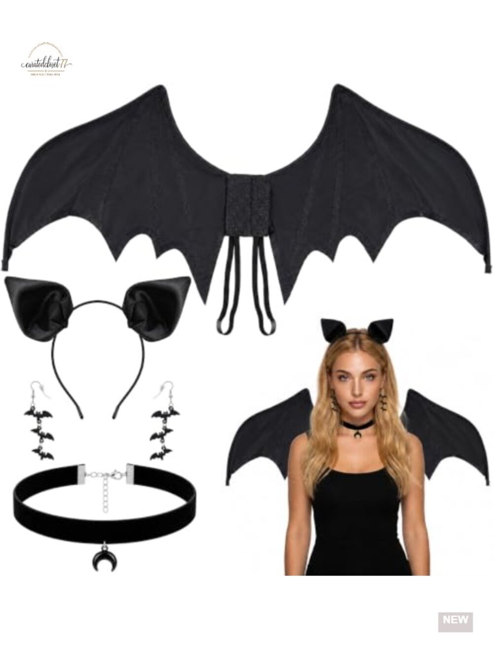 4 Pc Bat Wing Costume Set Polyester Wings Headband Earrings Choker Halloween